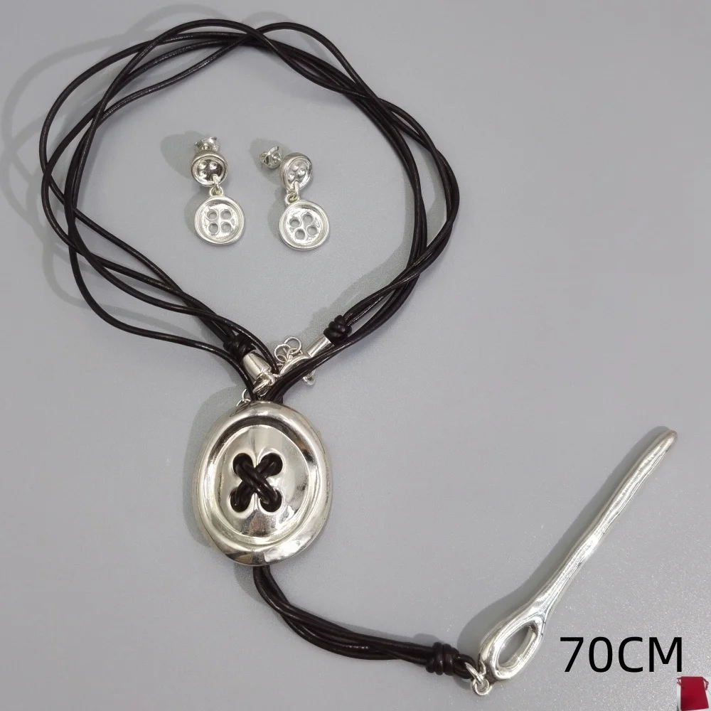 2026 Spain Personalized Ins Style Gold Silver Button Earrings Leather Rope Necklace Jewelry Set Creative Gift