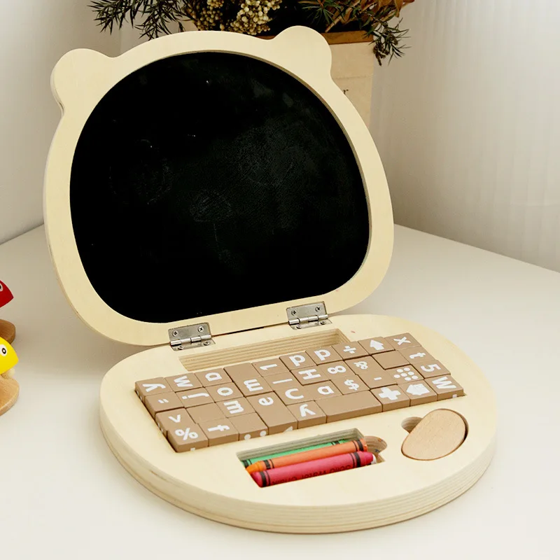 Wood Bear Modeling Simulation Laptop Artboard Montessori Board Games Drawing Toy Children Magic Blackboard Building Blocks Gift