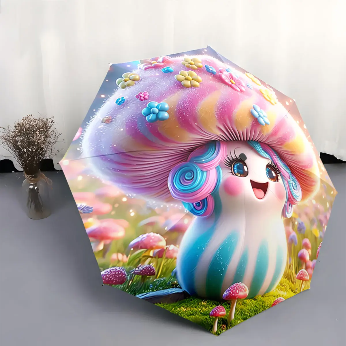 Colorful Mushroom Character with Flowers on Fantasy Land portable waterproof sun rain umbrella for outdoor travel beach