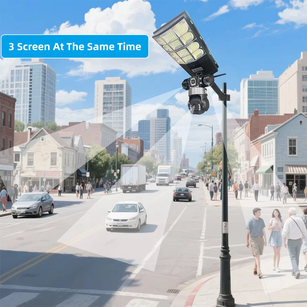 واي فاي كاميرا تعمل بالطاقة الشمسية في الهواء الطلق أضواء الشوارع 16000mAh بطارية 3 طرق الضوء مستشعر كشف الحركة التحكم عن بعد الثلاثي عدسة كاميرا IP #5