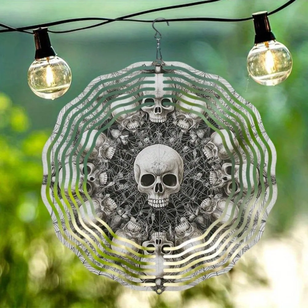 Skull 3D Metal Wind Spinner Halloween Vortex Hanging Ornament Outdoor Garden Yard Patio Decor Holiday Party Thanksgiving Gift