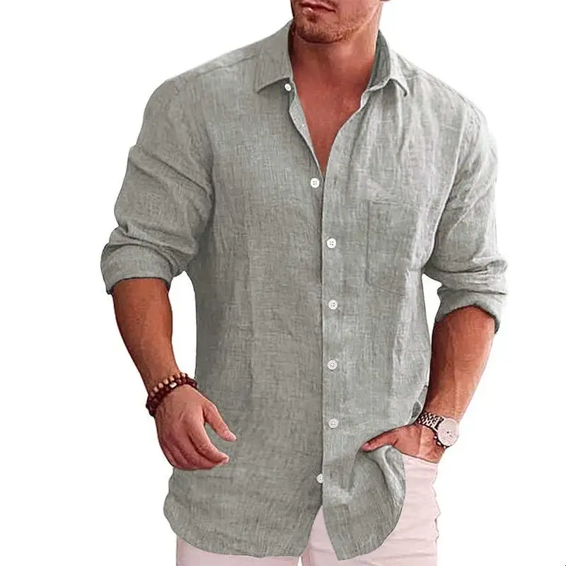 Loose plus Size Men's Color Shirt Linen Lapel Cleanfit Style PU Leather Nine Sleeve Fleece Lined  Collar 3D Effect Pattern