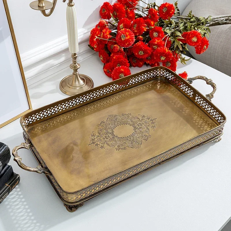 

Luxurious Brass Large Fruit Dish Antique Tea Tray \ Jewelry Display Plate with Handle Cosmetic Holder Villa Showroom Highlight