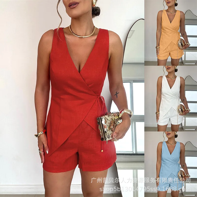 

Women Outfit Plain Wrap V Neck Criss Cross Tied Detail Linen Top & Casual Pockets Patch Shorts Set