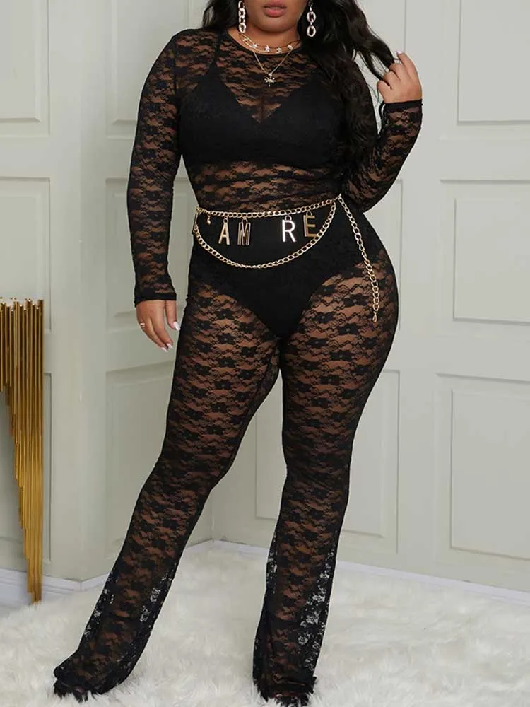 Bodysuit plus size feminino outono manga longa preto renda macacão feminino elegante lingerie sexy conjunto ver através de malha macacões longos