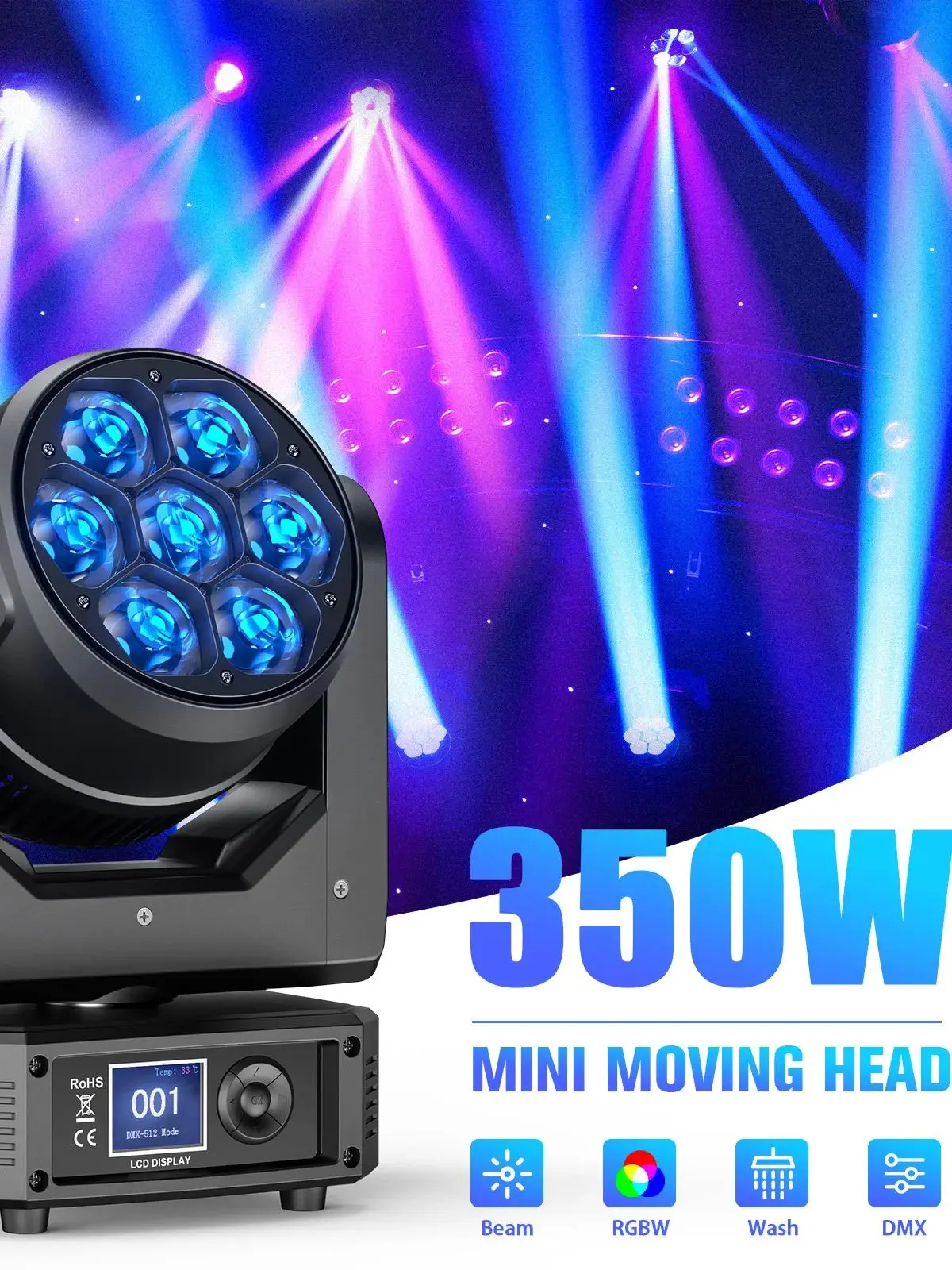 Yiflamefly 7X25W RGBW LED Moving Head DJ-Licht Bee Eye Beam/Wash/Zoom DMX512 Bühnenbeleuchtung für Weihnachten, Disco, Bar, KTV, Party, Show