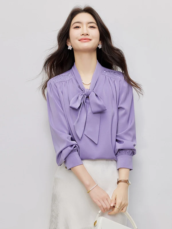 

Elegant V-Neck Long Sleeve Chiffon Shirt for Women with Sash Spring 2026 Fashion Trend Straight Cut Polyester Fiber Non-Stretch