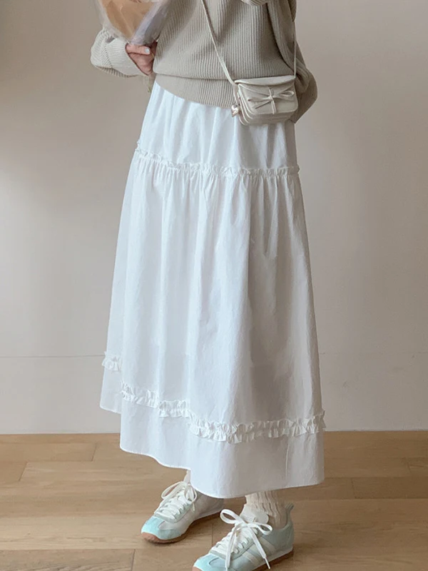 White A-Line  Skirt Women's Loose Waist Gored Hem Long Spring Faion Fre Age-Defng Skirts Korean Sle High Waist