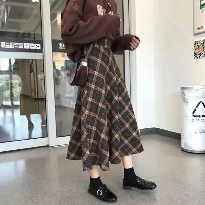 

Lucyever Vintage Woolen Plaid Female Fall Winter Loose Streetwear Long Skirt Woman Elegant High Waist A Line Skirts