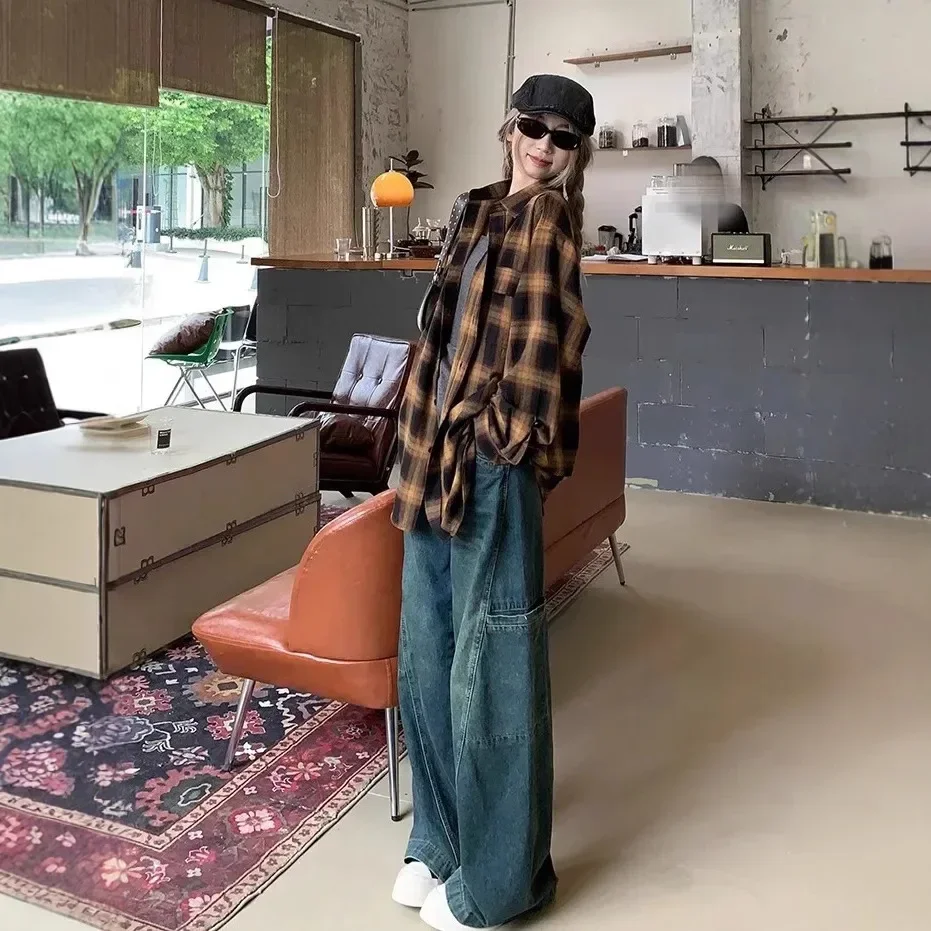 

Топ с длинными рукавами, осенний сезон, новая женская клетчатая рубашка свободного кроя, элитная повседневная рубашка в американском стиле