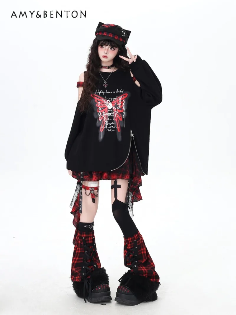 Harajuku Style Sweet Cool Plaid Patchwork Plush Leg Warmers Subculture Gothic Y2K Leg Warmers Women Japanese Versatile Socks
