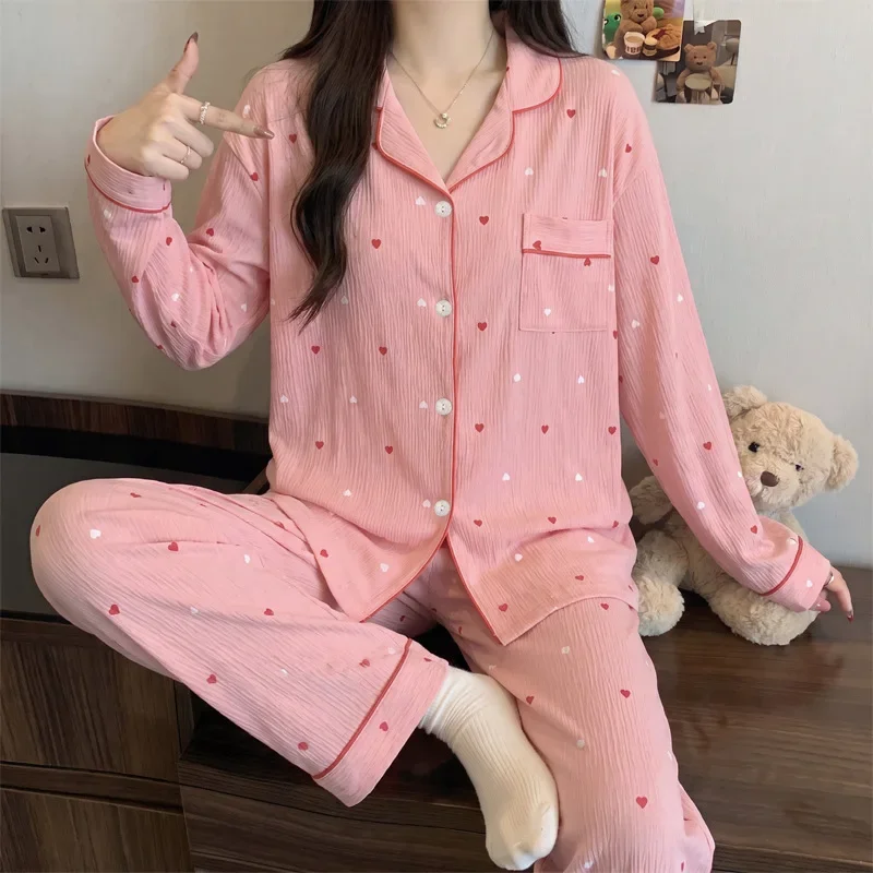 New Girl-Style Heart Autumn Pajama Cardigan, Long Sleeve, High-Value Homewear, Wrinkled Fabric, Plus Size Loose Women's Set