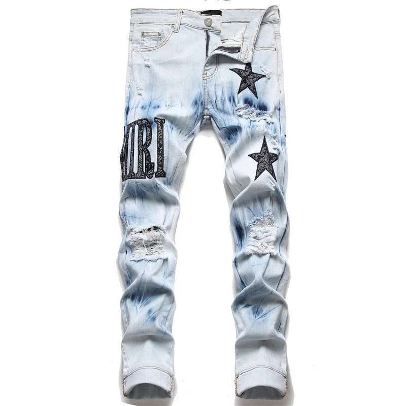 

European American Style Men's Fashion Ripped Stretch Jeans Slim Fit Letter Star Pants Casual Hip Hop Pants Street Style Clothing