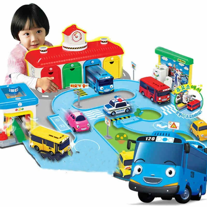 Korean Tayo The Little Bus Slingshot & Pull-Back Car Diy Track Toy Set Tayo Cartoon Car Toy Collection Car Model Christmas Gifts