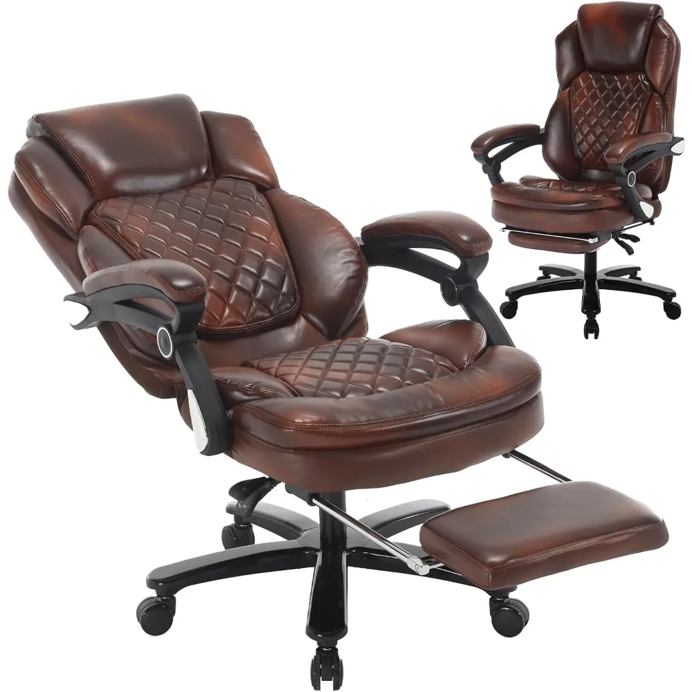 

"large capacity brown leather executive reclining office chair with footrest for big and tall users"