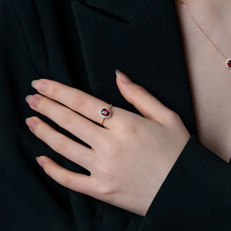CCFJOYAS 100% 925 Sterling Silver 18k Gold Plated Retro ruby Ring for Women Exquisite Oval Rose Red Zircon Vintage Finger Rin