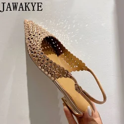 Summer Women Low Heels Luxury Sandals Pointy Toe Ladies Mules Hollow Out Bling Crystal Flats Shoes Slides Women's Party Shoes