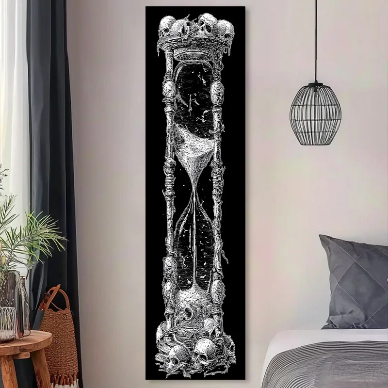 VIKAMA Skull Hourglass Tapestry Black - Vintage Memento Mori Wall Hanging, Tattoo Shop Decor, Gothic Art Cloth, Dark Room