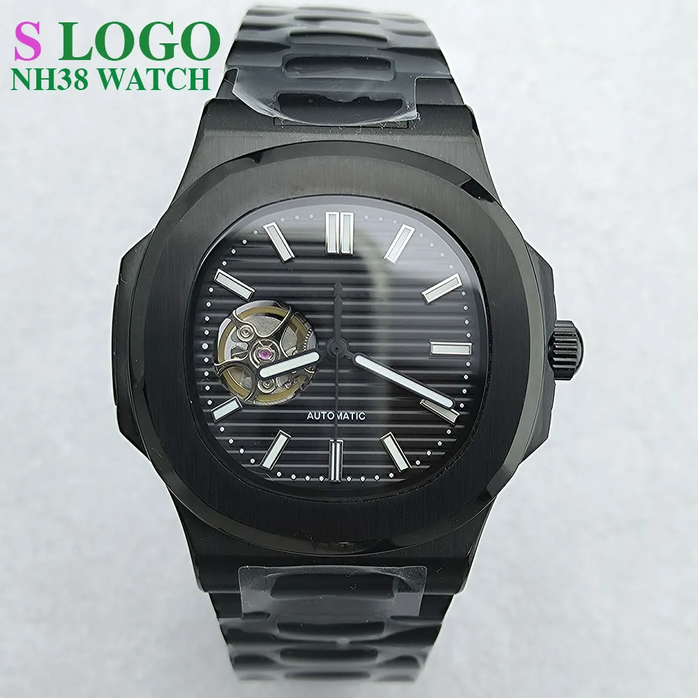 Orologio NH38 da uomo in acciaio inossidabile quadrante cavo Orologio meccanico Nautilus Movimento NH38 S logo vetro zaffiro