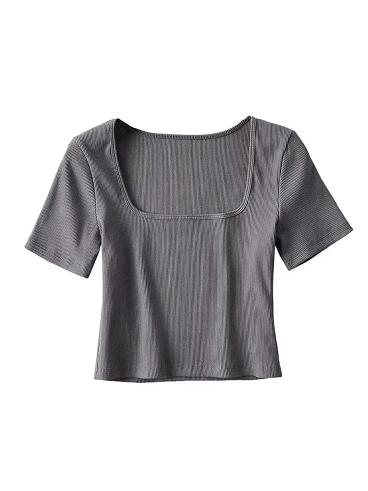 Camiseta corta con cuello cuadrado para mujer, Top corto de manga corta