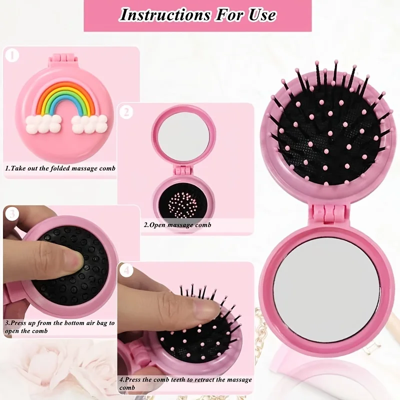 Cute Folding Mini Pocket Hair Comb with Mirror for Women and Girls Round Hair Brush Compact Travel Size Hair Massage Comb