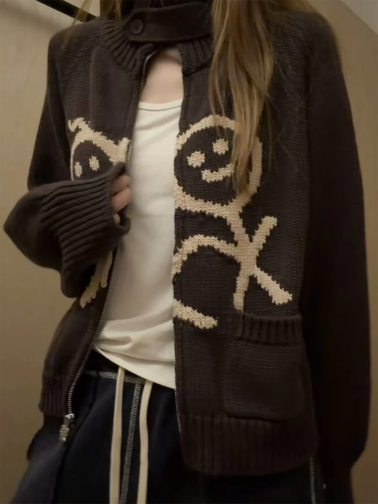 Lady Klein Blue Cartoon Smile Face Jacquard Knit Cardigan Full Zip Lapel Long Sleeve Loose Casual Sweater Coat Front Pockets Top