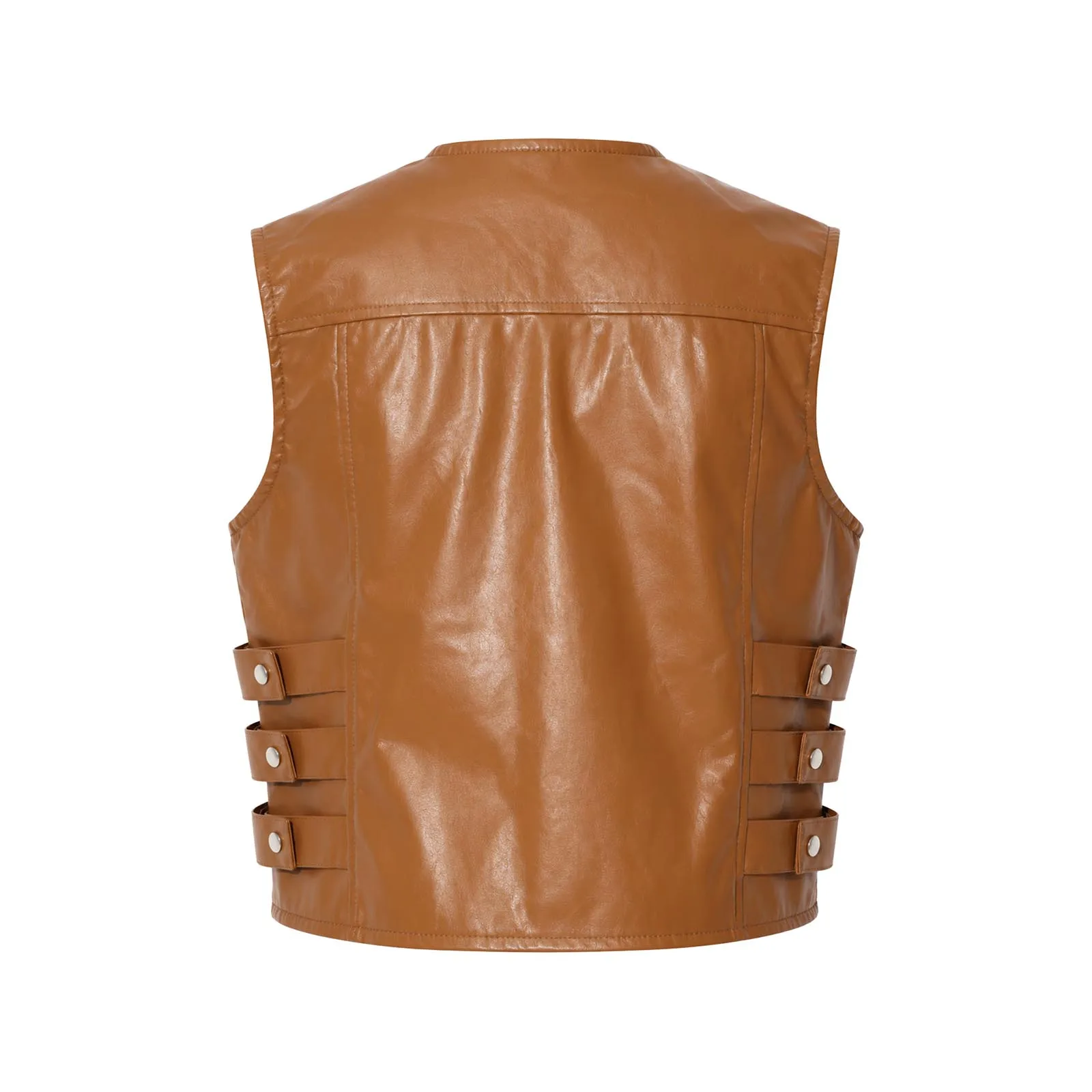 Men Faux Leather Sleeveless Vest Zip Up O Neck Waistcoat Side Adjustable Buckles Retro Motorcycle Biker Vest Street Jacket Top