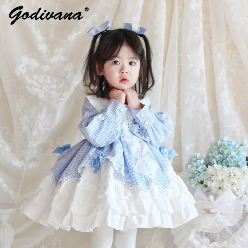 2026 Spring and Autumn New Baby Girls Lolita Princess Tutu Dress Kids Long Sleeve Blue Plaid Bow Ruffle Trim Birthday Party Gown