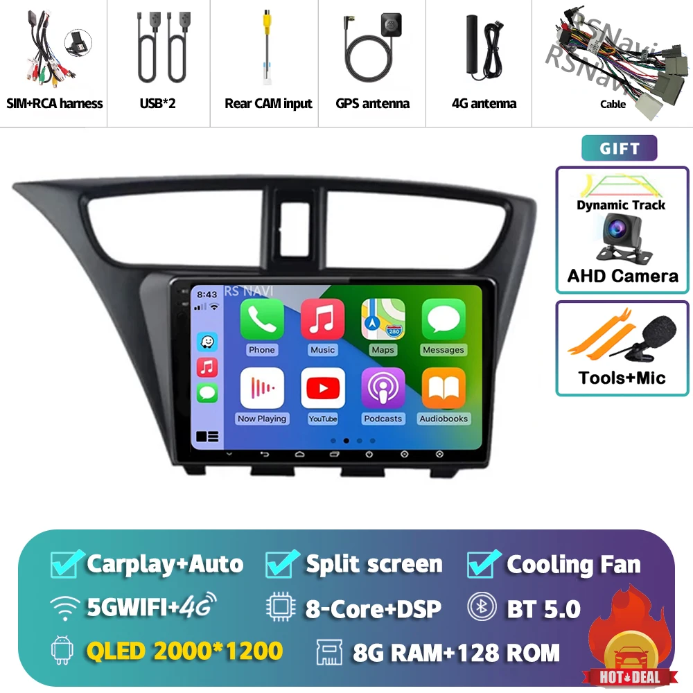 Android 15 Carplay Auto Voor Honda Civic Hatchback 2012 2013 2014 2015 2016 2017 Multimedia Autoradio Speler WIFI + 4G DSP Stereo - afbeelding 1