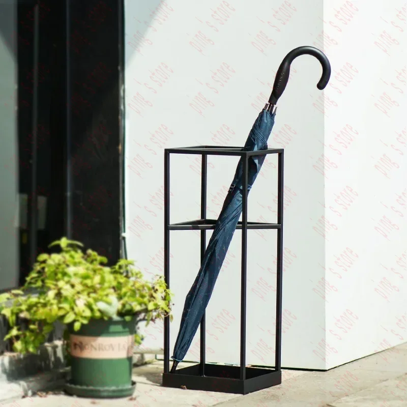 Smart Umbrella Stand Rack Metal Freestanding  Holders with Removable Drip Tray and 2 Hooks White Square for Entryway