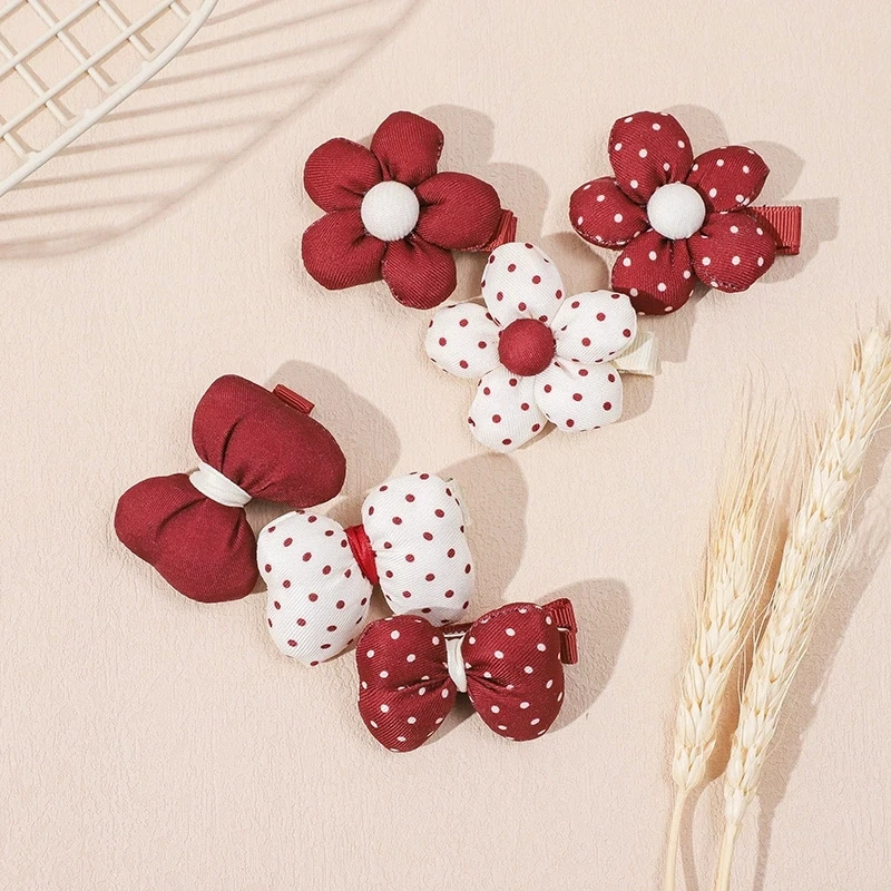

6pcs/lot Cute Sweet Flower Hair Ties And Hair Clips for Children Red Color Series Korean Style Hair Accessories for Kids