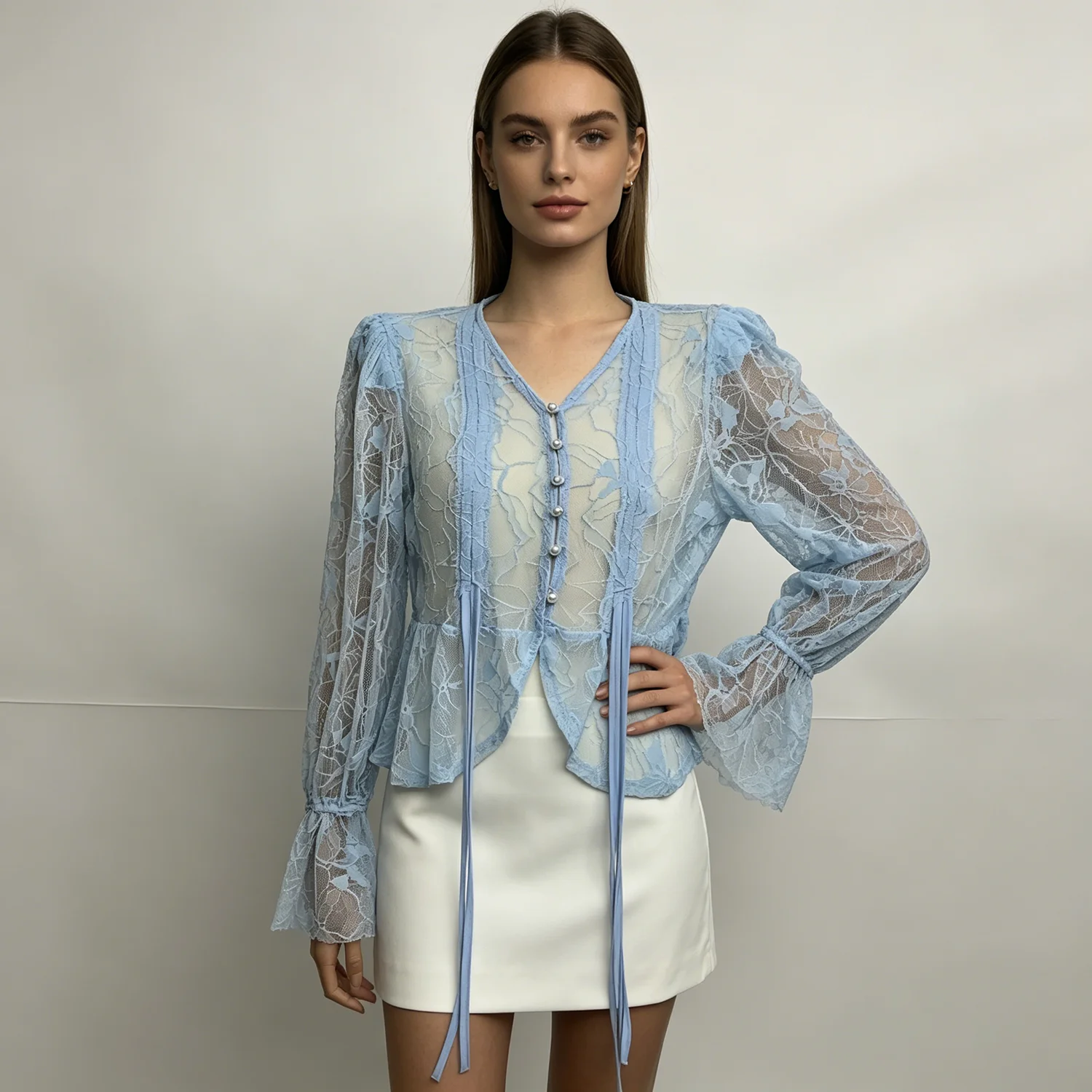 

LIMO Chic 2026 Sheer Lace Top, Pearl Buttons, Peplum Hem, Perfect for Date & Casual Outings