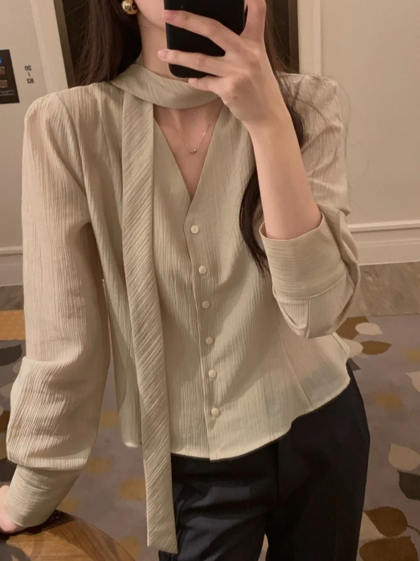 Início da primavera feminino irt coreano sle v-ne único botão bolha sve topo pele-amigável respirável solto ajuste camada base