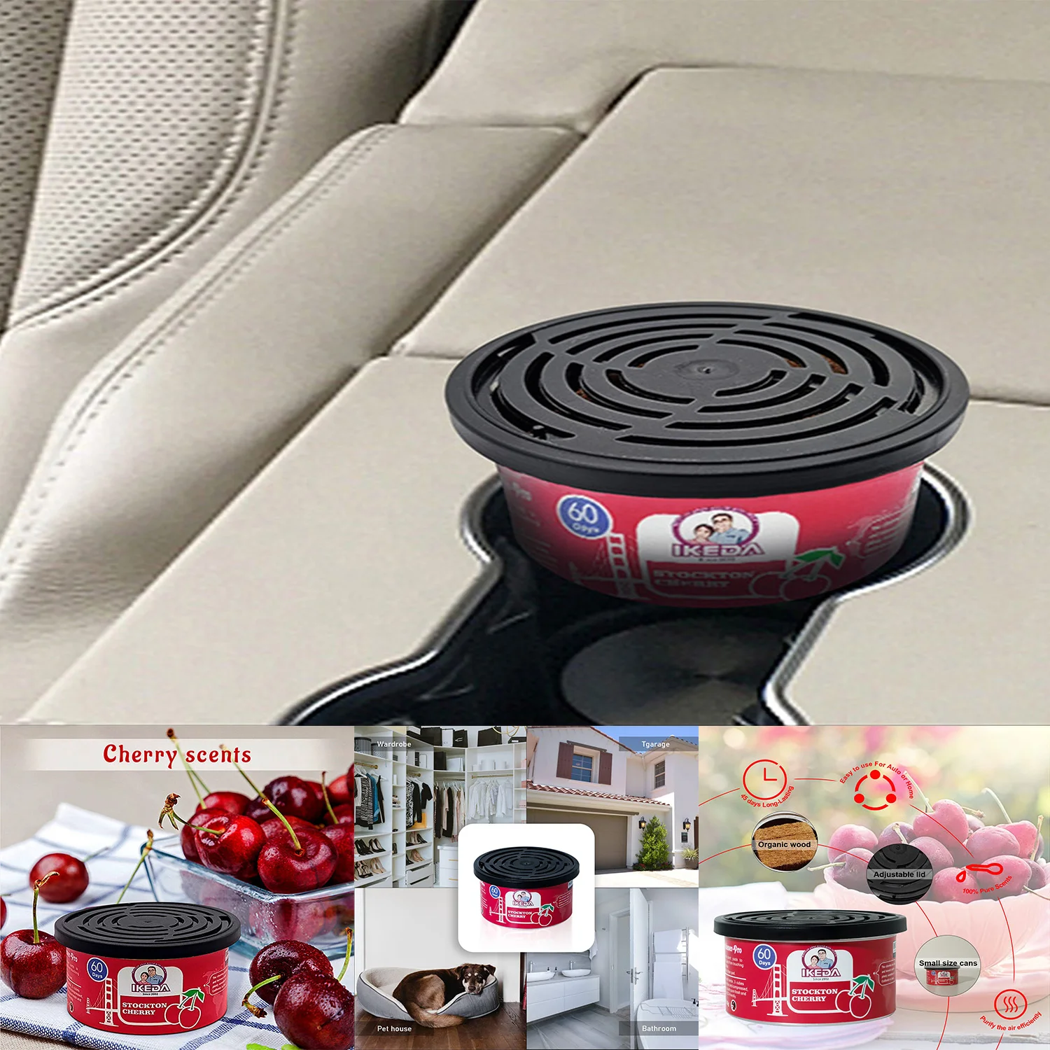 Car Air Freshener.  Fiber Can Provides a Long-Lasting Scent for Auto or Home.  Adjustable Lid for Desired Strength.
