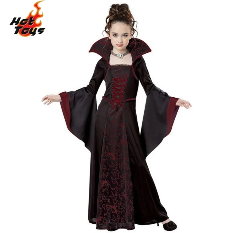 Medieval Witch Princess Dress Festival Vampire Cosplay Costume for Kids Girls Halloween Retro Collar Bell Sleeve Performance