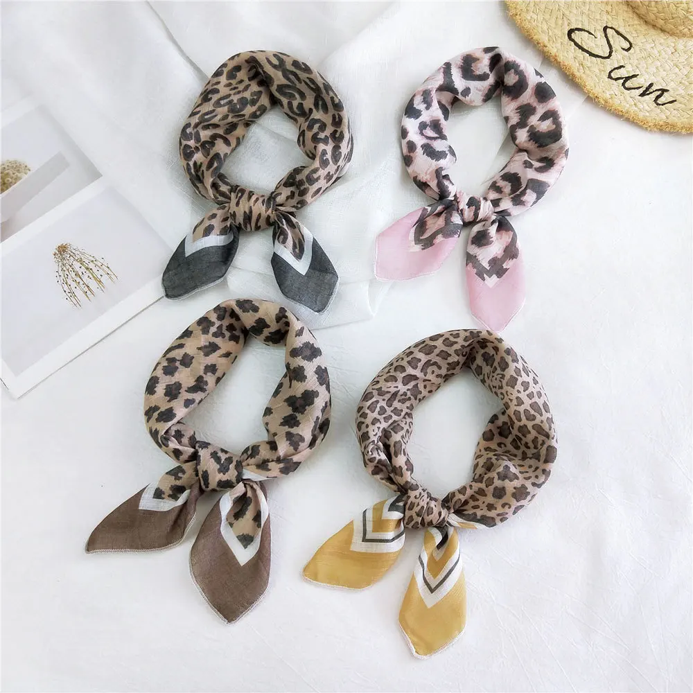 58*58cm Cotton Linen Leopard Grain Women Girls Square Hair Scarf Hairscarf Headscarf Neck Ring Bandana Turban Wrap Shawl Hijab