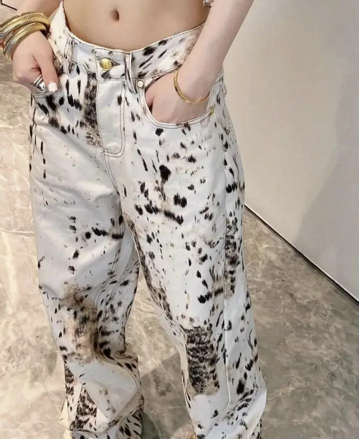 

American High Street Leopard Print Jeans Women's Retro Loose Straight Waist Trousers