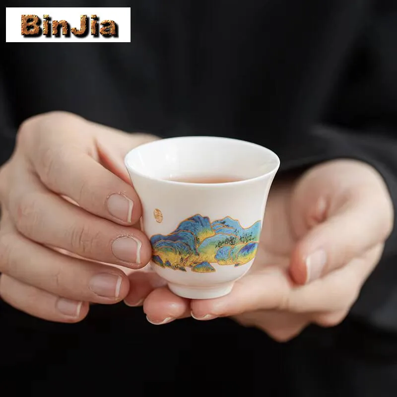 2pc/Lot Dehua White Porcelain Tea Cup Small Thin Body Sheep Fat Jade Painted Gold Smelling Fragrance Meditation Drinkware 60ml