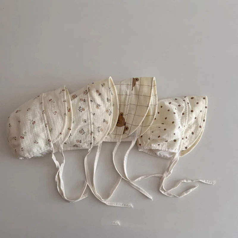 

Korean Print Baby Sun Hat Cute Flower Cherry Infant Girls Princess Cap Spring Autumn Cotton Newborn Ear Protection Caps Bonnet