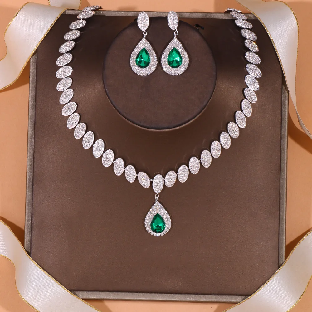 

Exquisite Round Crystal Necklace Earrings Set Wedding for Women Green Water Drop Rhinestone African Jewelry Set Bridal Gifts