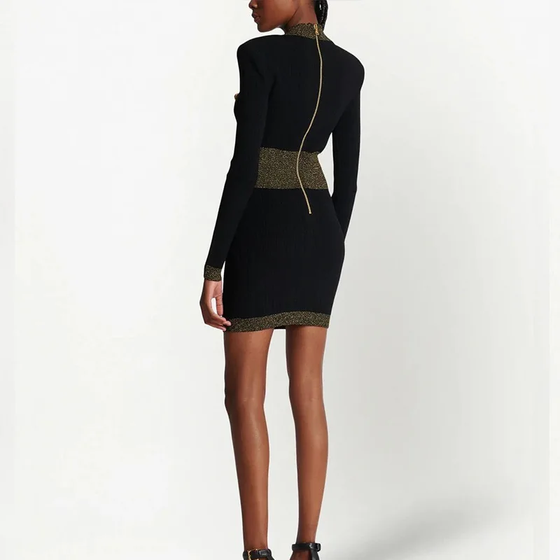 Trendy Retro V-Neck Long Sleeved Gold Wire Patchwork Slim Fit Dress Summer Women Knitted Zipper With Metal Button Design Dress