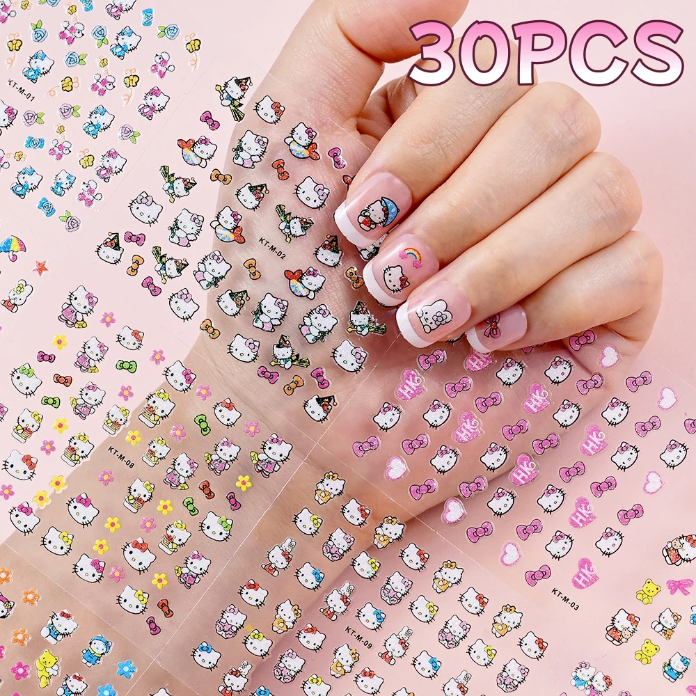 30pcs Sanrio 3D Stickers For Nails Kawaii Cartoon Glittery Hello Kitty Anime Nail Decals Korean Sweet Girls DIY Nail Art Supplie