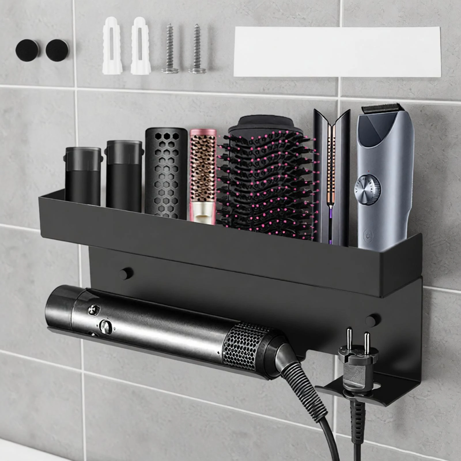 Wall Mounted Hair Dryer Holder Dyson Airwrap Storage Rack with Dedicated Plug Slot Hair Care Tool Bathroom Organizer