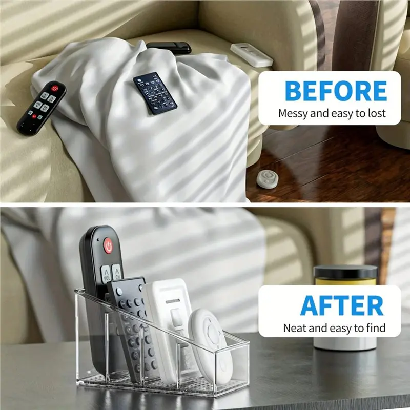 AB11 Clear Plastic Remote Control Holder Desk Organizer with 4 Compartments Home Office Storage Solution Remote Control Storage