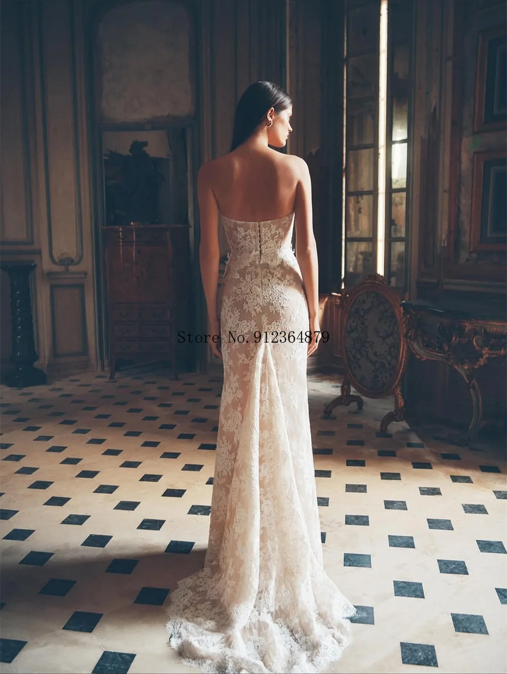 Aangepaste strapless liefje kant zeemeermin trouwjurk fit flare vloerlengte jurk met trein voor bruid formele bruidskleding