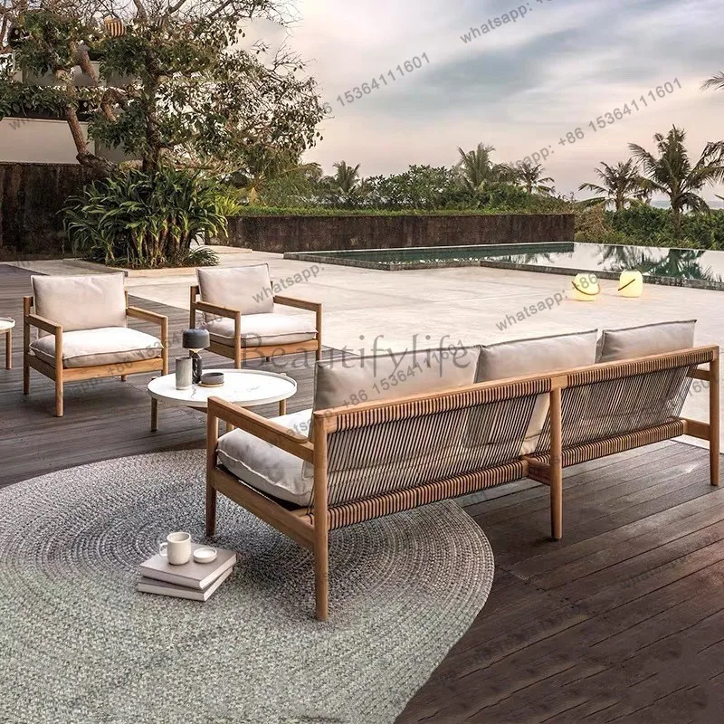 Nordic wabi-sandy wind solid wood single sofa, teak waterproof and sunscreen outdoor courtyard sofa