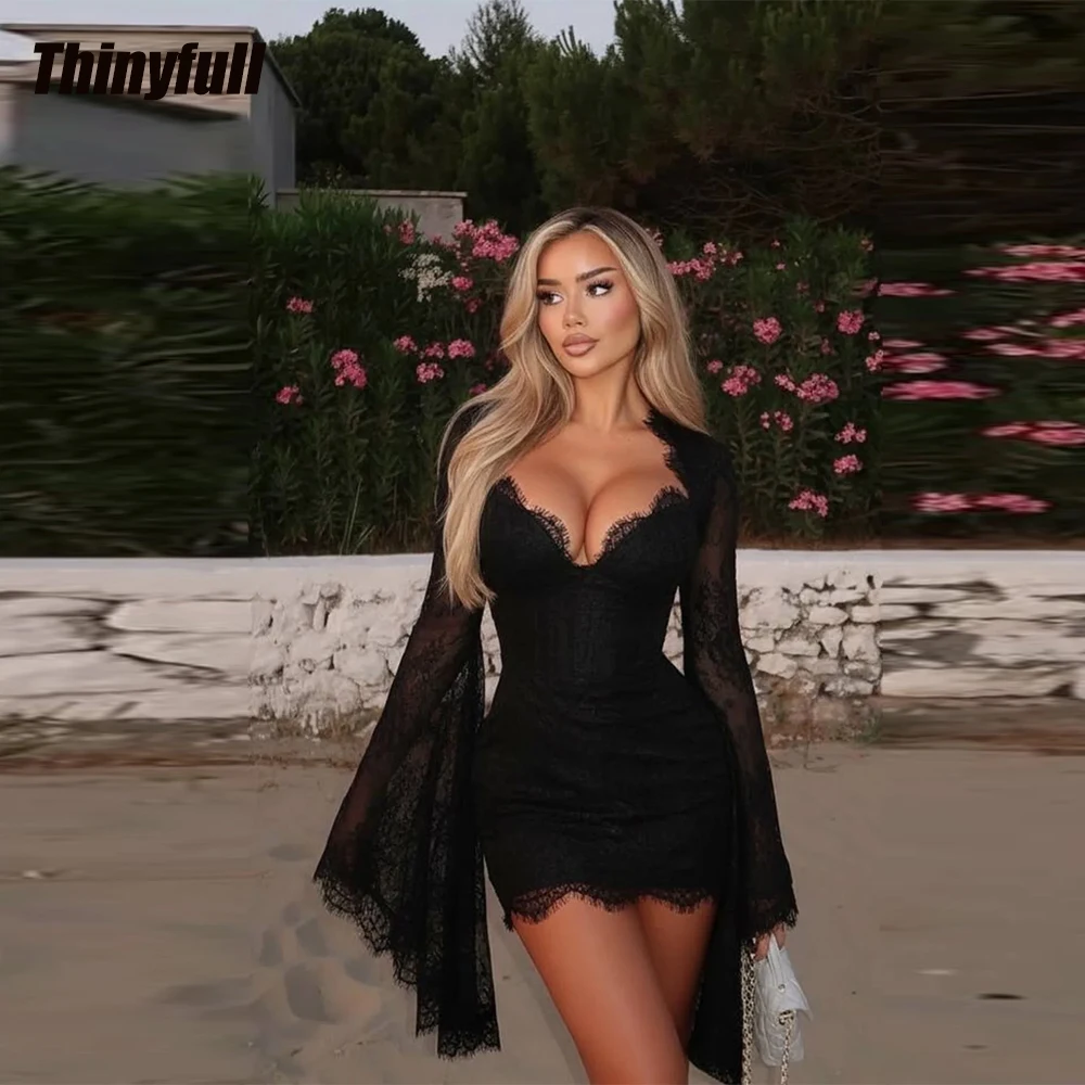 

Thinyfull Mermaid Short Prom Dresses Full Sleeves V-neck Lace Evening Dress 2026 Birthday Gown Robe De Soirée Customized