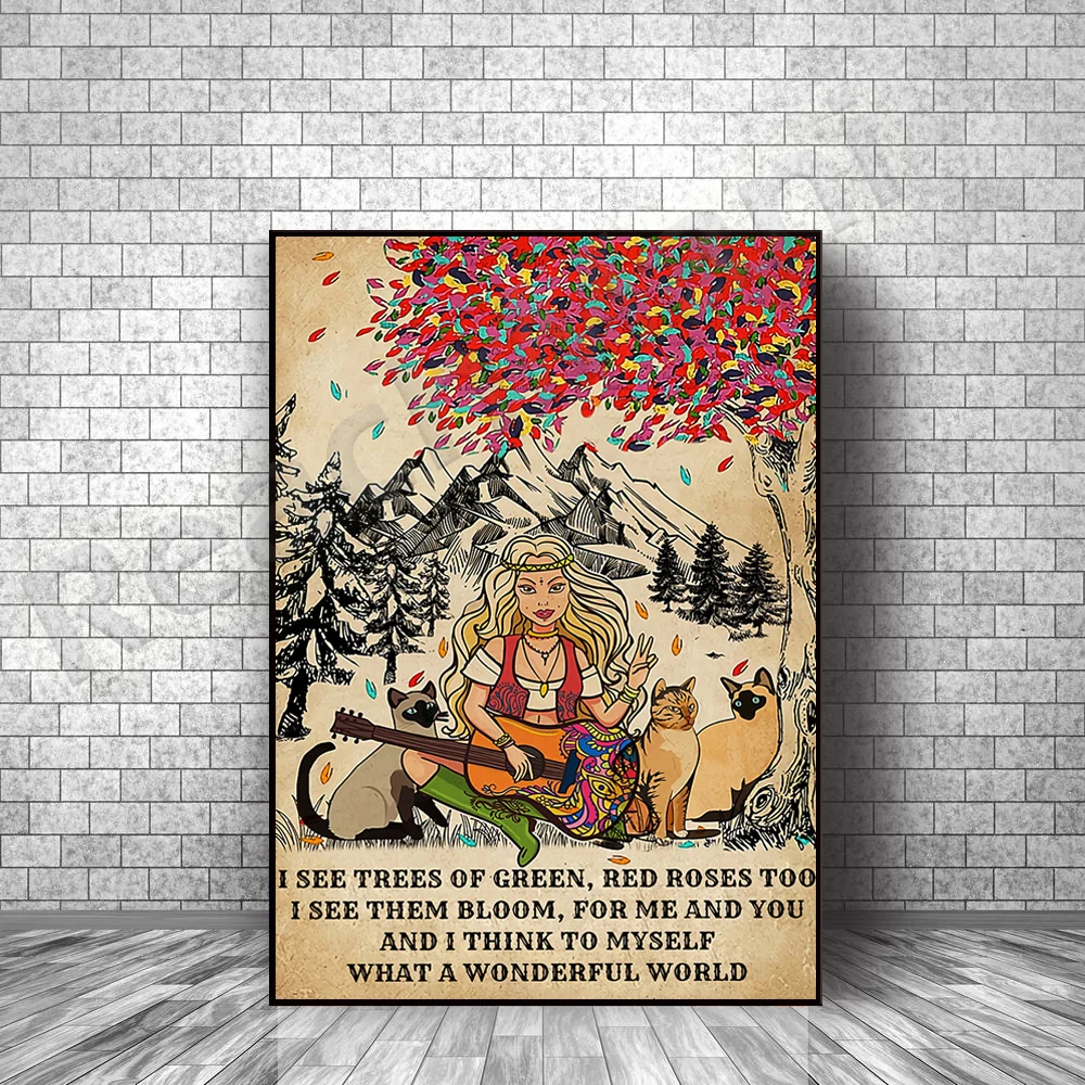 Póster What A Wonderful World, chica hippie y gato, paz, póster de chica boho, póster de amor por los gatos, regalo boho retro, estampado hippie