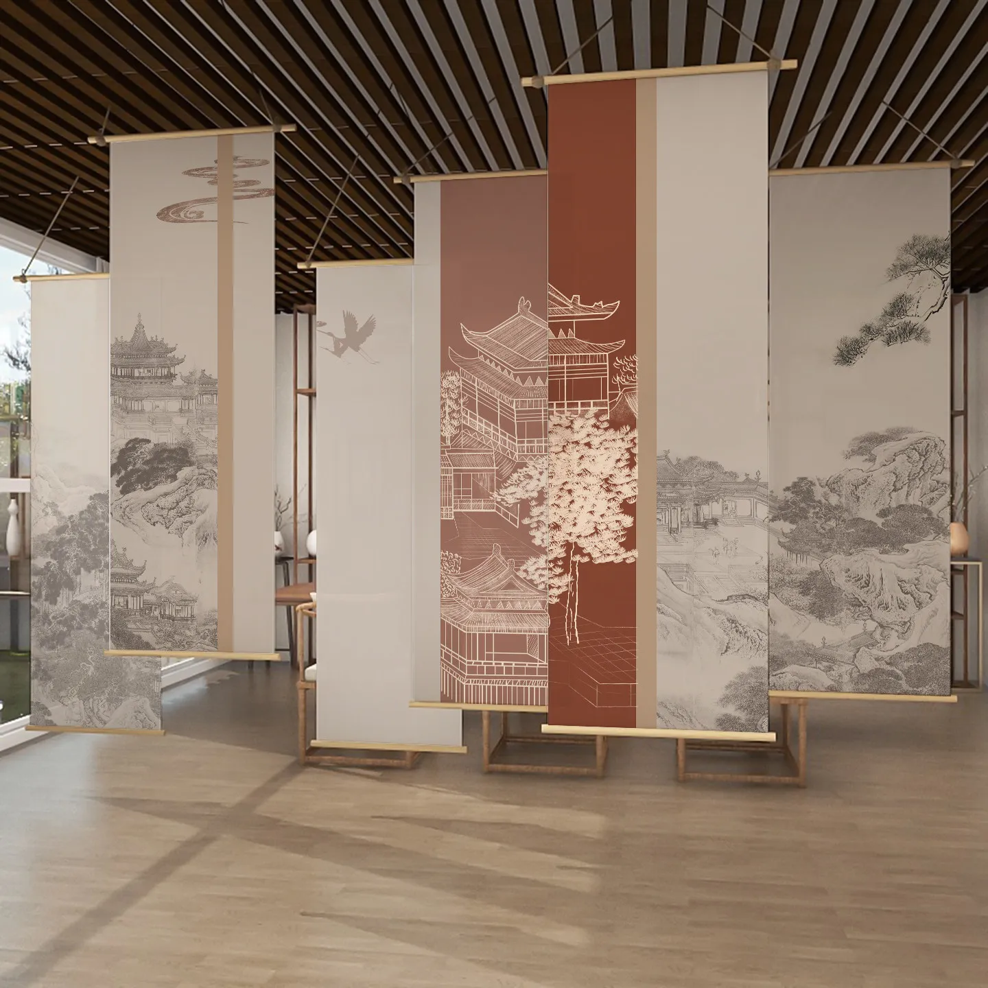 Karesansui Hanging Room Divider – Chinese Ink Painting Gauze Curtain, Semi Transparent Zen Partition for Tea Room, Meditation