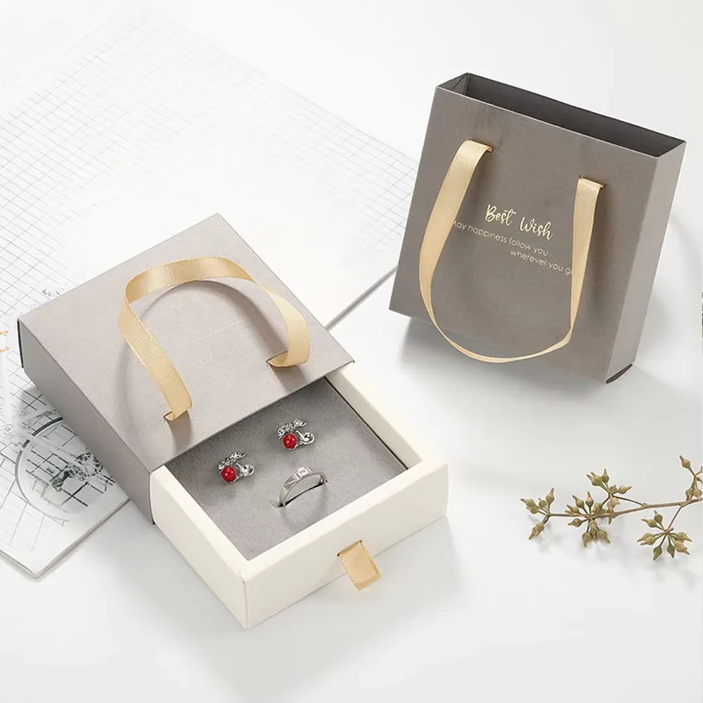 24PCS Chic Gray Drawer Paper Box With Ribbon Portable Jewelry Packaging Necklace Earring Ring Sliding Box Present Travel Scale